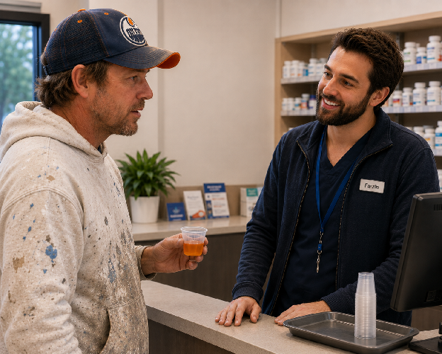 A patient picking up methadone at a partner pharmacy