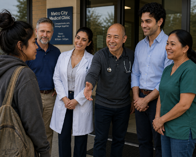 The Metro City care team welcoming a patient outside the clinic