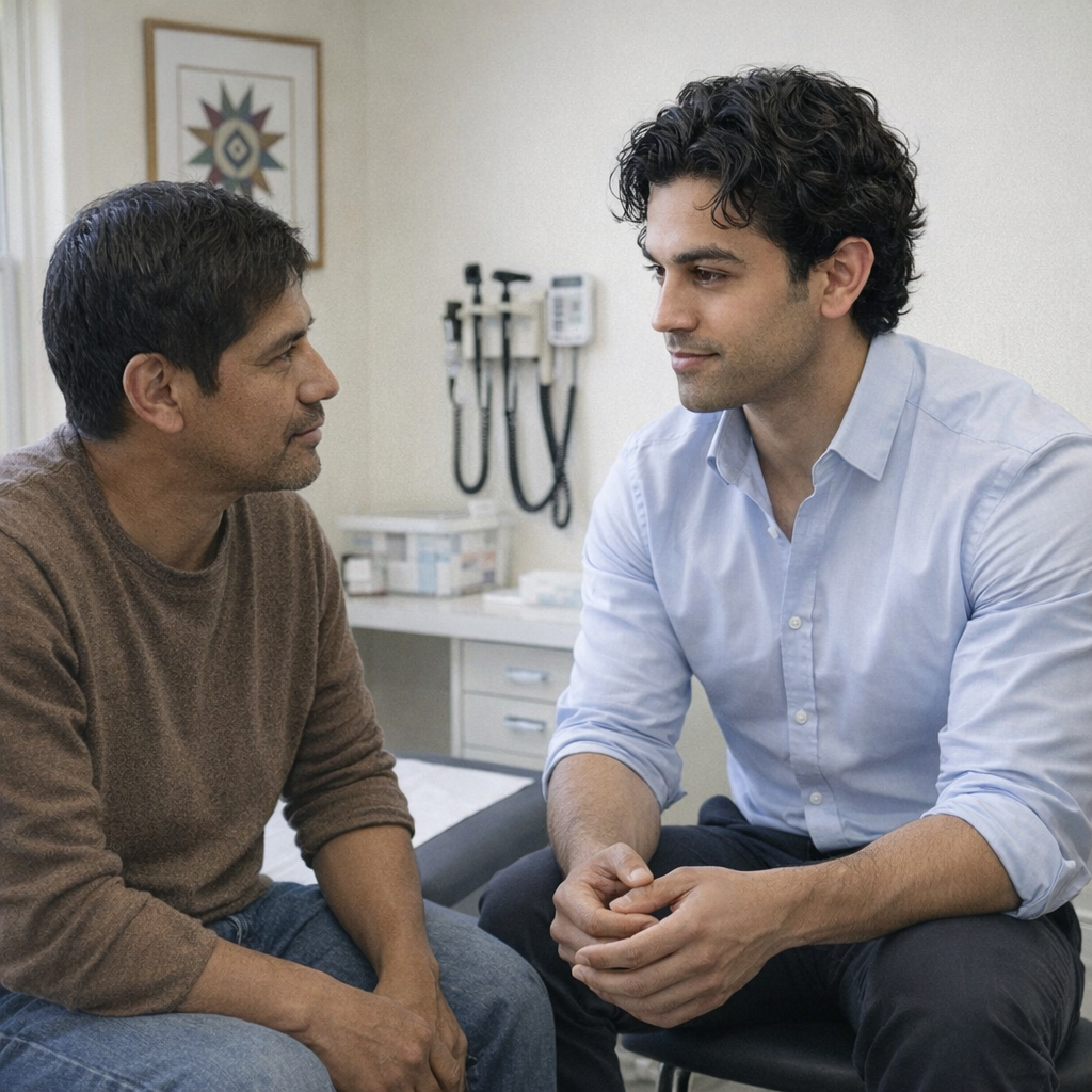 A Metro City physician talking with a patient